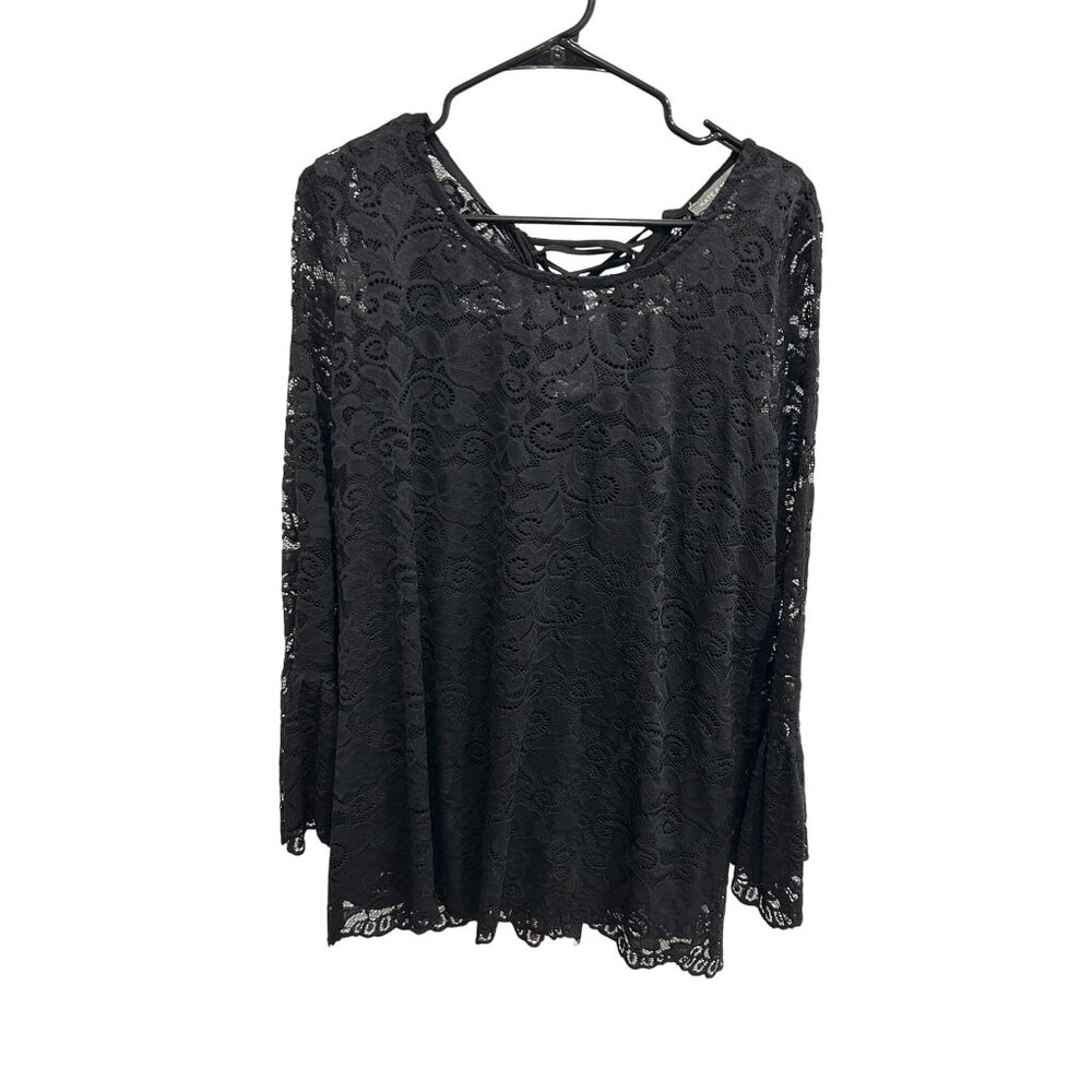 Kate & Mallory Womens XL Black Lace Top Floral Whmsigoth Witchy Bell Sleeve